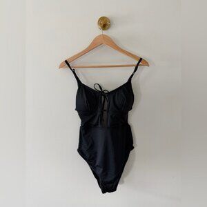 Black One-Piece Swimsuit with Front Tie